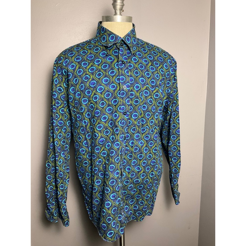 Alan Flusser Mens XL Blue Green Peacock Eye Geometric Long Sleeve Button Down